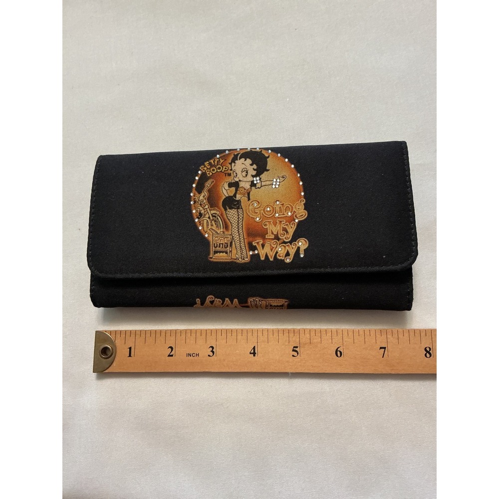 Betty Boop Going My Way Black Canvas Trifold Wallet Biker Graphic Long Clutch
